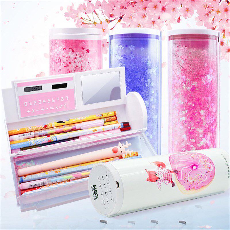 网红流沙密码锁文具盒带计算器大容量智H能铅笔盒高颜值透明笔筒
