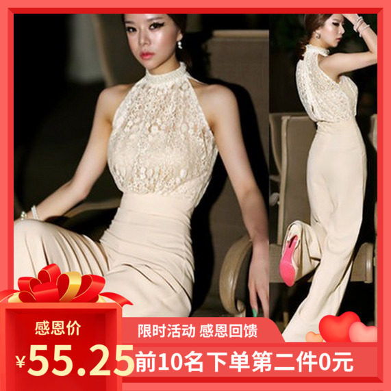 2144#挂脖蕾丝拼接雪S纺阔腿连体裤