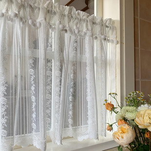 韩式田园法式窗纱帘玫瑰碎花帘头飘窗帘免打孔魔术贴半帘短帘隔断