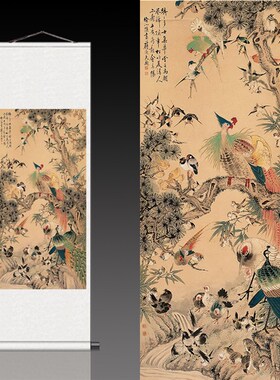 百鸟朝凤 花鸟画国画字画卷轴花鸟字画丝绸卷轴画酒店办公室挂画
