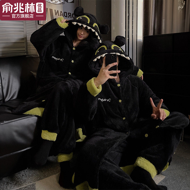 情侣睡衣女款秋冬季加绒加厚男士睡袍珊瑚绒冬天无牙仔浴袍家居服