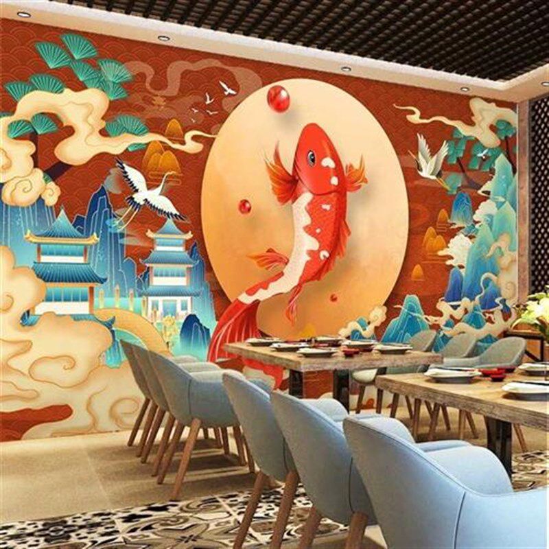 国潮风壁纸中式美食烤鱼酸菜鱼背景墙纸火锅店餐厅餐饮店装修墙布