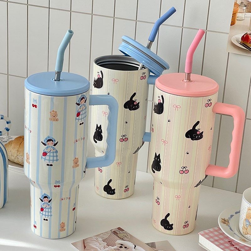 保温杯女生便携式可爱咖啡杯大容量带吸管杯高颜值不锈钢水杯杯子