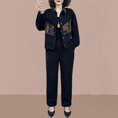 2024b年秋季新款欧棉绒妈妈装拼接国风图案时尚洋气显瘦大码套装