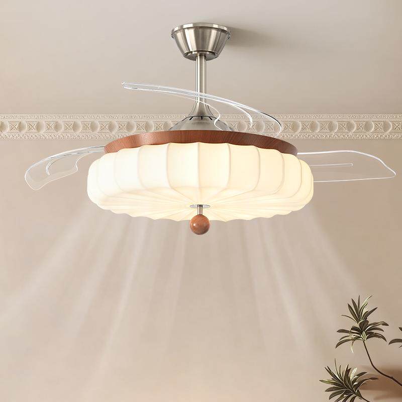 中古磨砂卧室风扇灯房间奶油风南瓜超亮护眼LED吊扇灯中山灯具