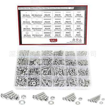 跨境货源1220pcs 304不锈钢十字圆头螺丝配螺母套装盘头螺钉盒装