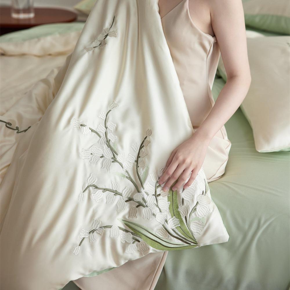 铃兰花刺绣夏季天丝棉四件套丝滑凉感小清新冰丝裸睡床上被套床单