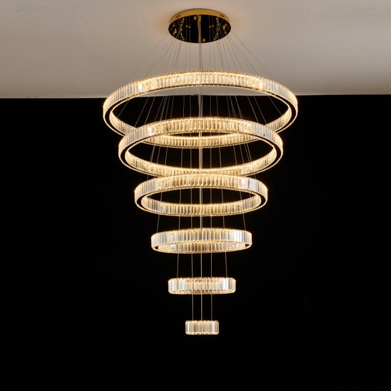 复式楼水晶大吊灯客厅的主灯轻奢别墅中楼梯工程现代挑空长吊灯具