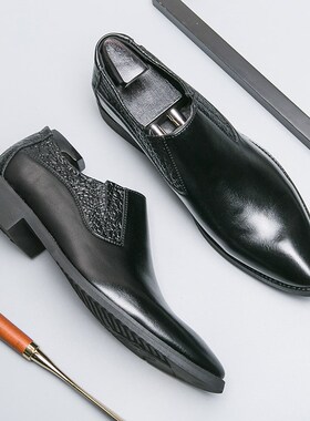 夏季新款商务正装皮鞋男英伦w尖头一脚蹬套脚男鞋男士皮鞋韩版潮