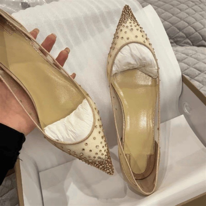 水晶鞋女2024新款蕾丝网纱单鞋水钻平底内增高尖头鞋浅口红底网红,女鞋,浅口单鞋,淘宝优惠券,粉丝福利购,淘宝优惠卷