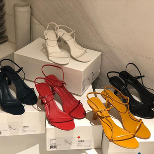 女夏季 2021年新款 中跟设计感小众T细跟一字带高跟 小高跟凉鞋 法式