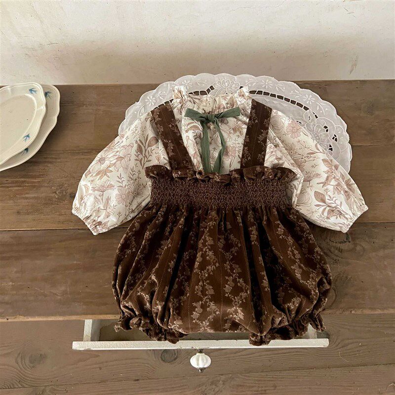 2024秋冬新款女宝宝碎花背带裤套装婴儿洋气加绒连体Y哈衣两件套