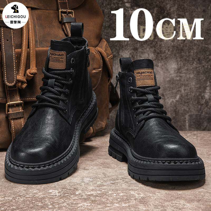 马丁靴男a侧拉链中帮防滑皮鞋秋季新款厚底内增高鞋男10cm工装潮