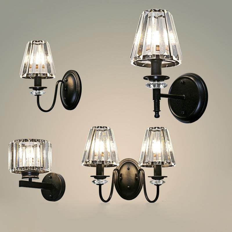 美式简约卧室床头水晶壁灯简欧式后现代轻奢铁艺北欧创意背景墙灯