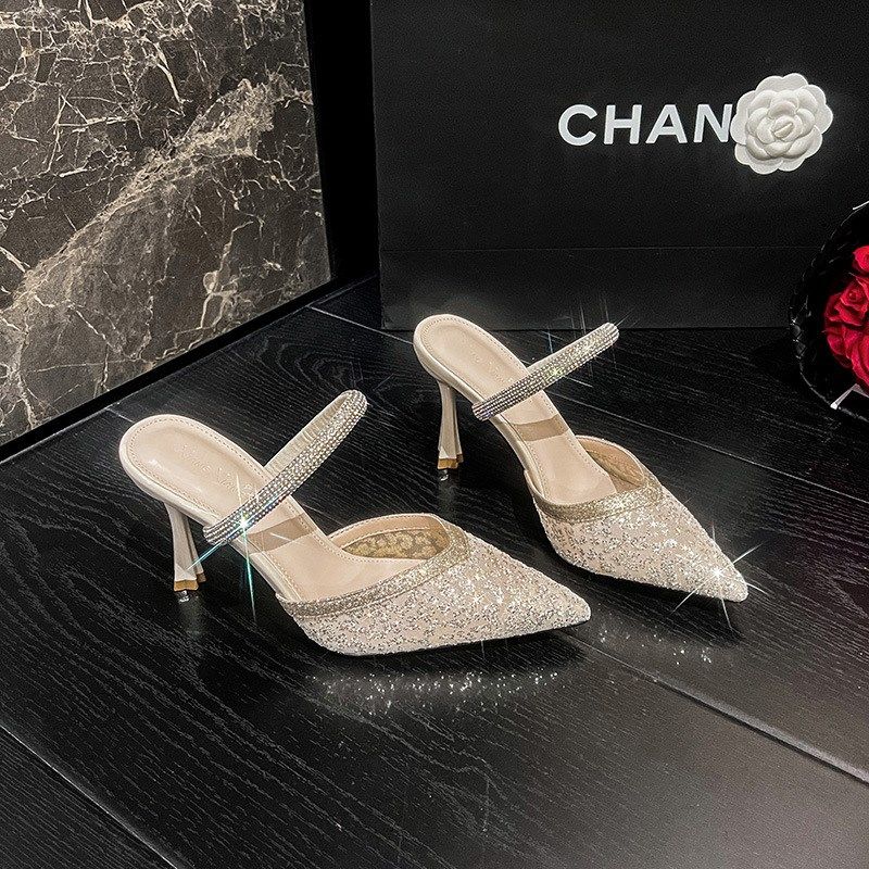 凉拖鞋女外穿半拖水钻蕾丝网纱新款高跟鞋女尖头细跟时尚包头凉鞋,女鞋,其他拖鞋,淘宝优惠券,粉丝福利购,淘宝优惠卷