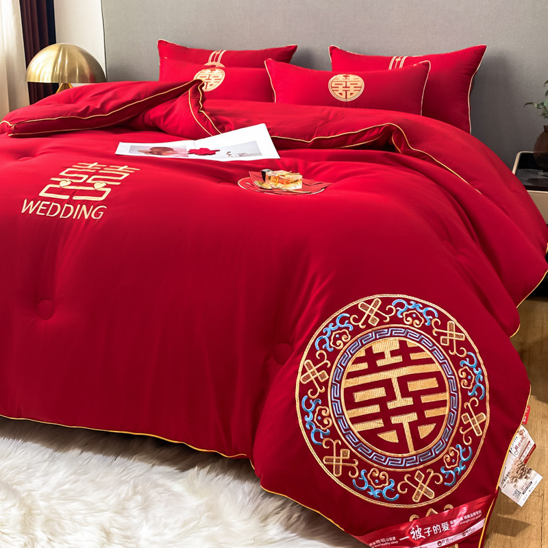 大红色被子婚庆喜被大豆纤维刺绣被F芯婚房结婚喜庆床上用品陪嫁