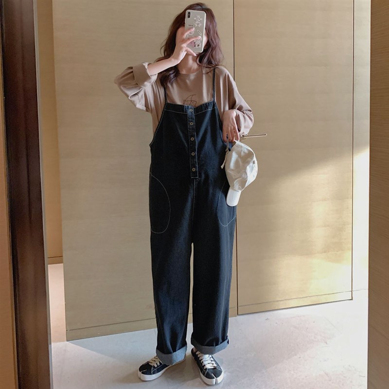 秋季新款孕妇装时尚百搭宽松遮肚显瘦牛仔背带裤洋气减龄孕妇裤潮