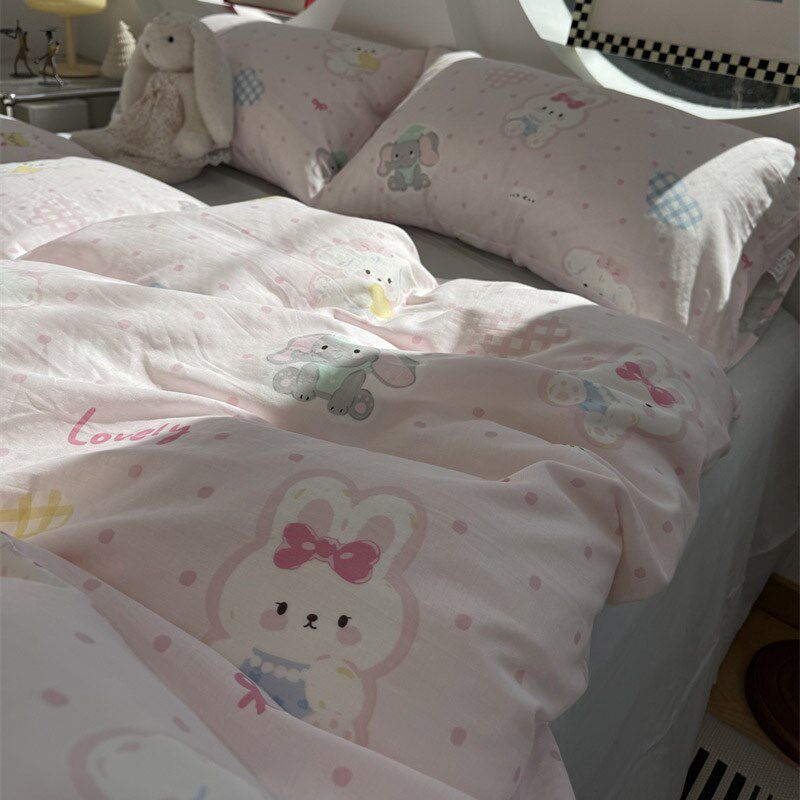 卡通少女双层纱粉色波点小兔四件套1.5m1.8米母S婴柔软全棉三件套