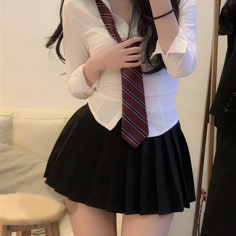 日系JK制服套装薄款辣妹白色x收腰衬衫女黑色百褶裙学院风衬衣春
