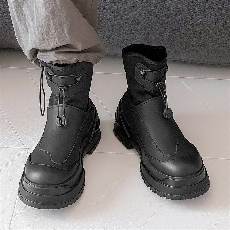 马丁靴男款夏季高级感工装靴2024新款高帮靴子一脚蹬黑色厚底皮靴