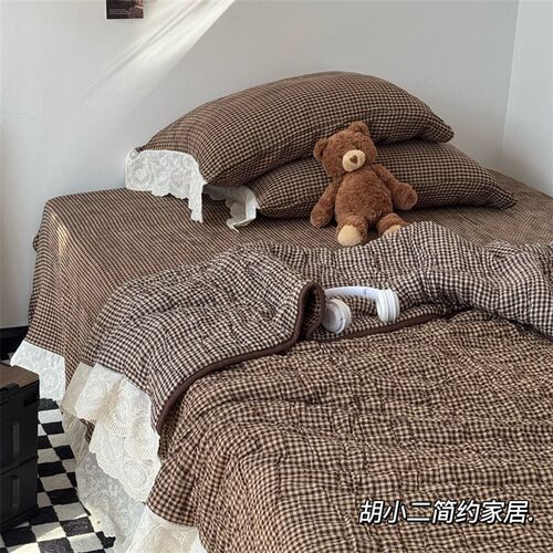 简约小格子十h层纱布春秋被可水洗一体被韩式蕾丝花边春秋被子被