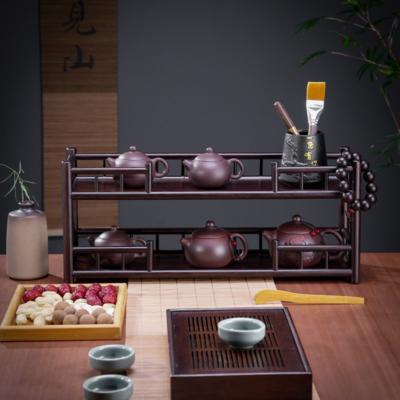 茶叶架小型桌面紫砂壶摆放架茶壶茶具收纳架简约多宝阁.实木博古