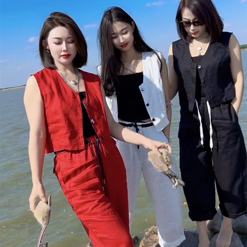 时尚无袖马甲套装女士202u4夏季新款洋气减龄阔腿裤两件套凉爽麻