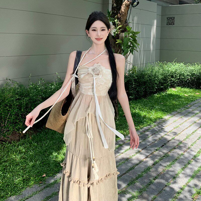 海边度假废土风旅游侘寂风t破败感亚麻抹胸+流苏花边阔腿裤套装女