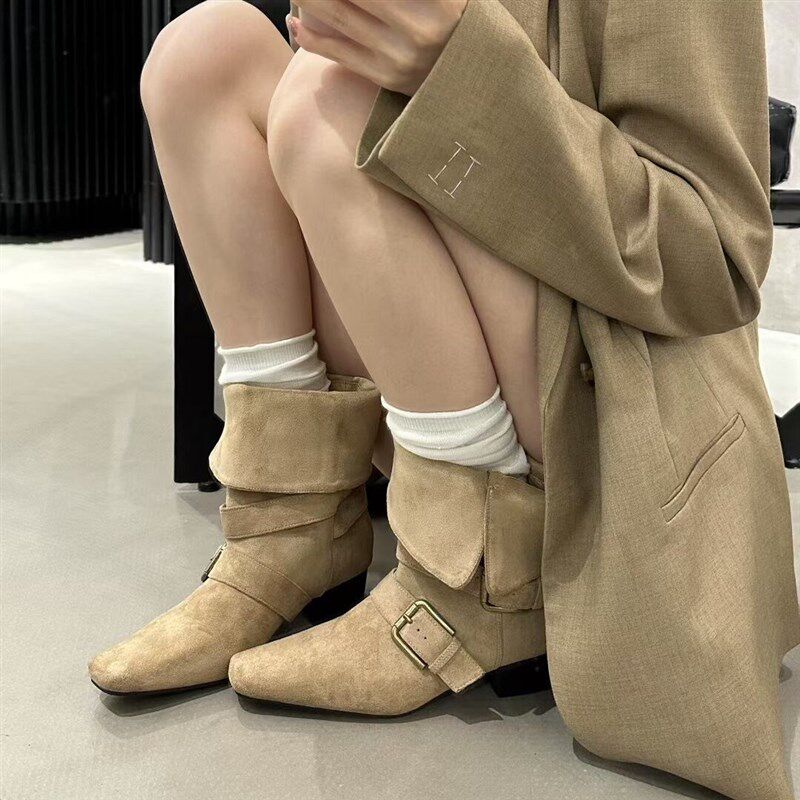 方头短靴女粗跟2025秋冬季新款女靴欧美K靴子绒面瘦瘦靴高跟短筒