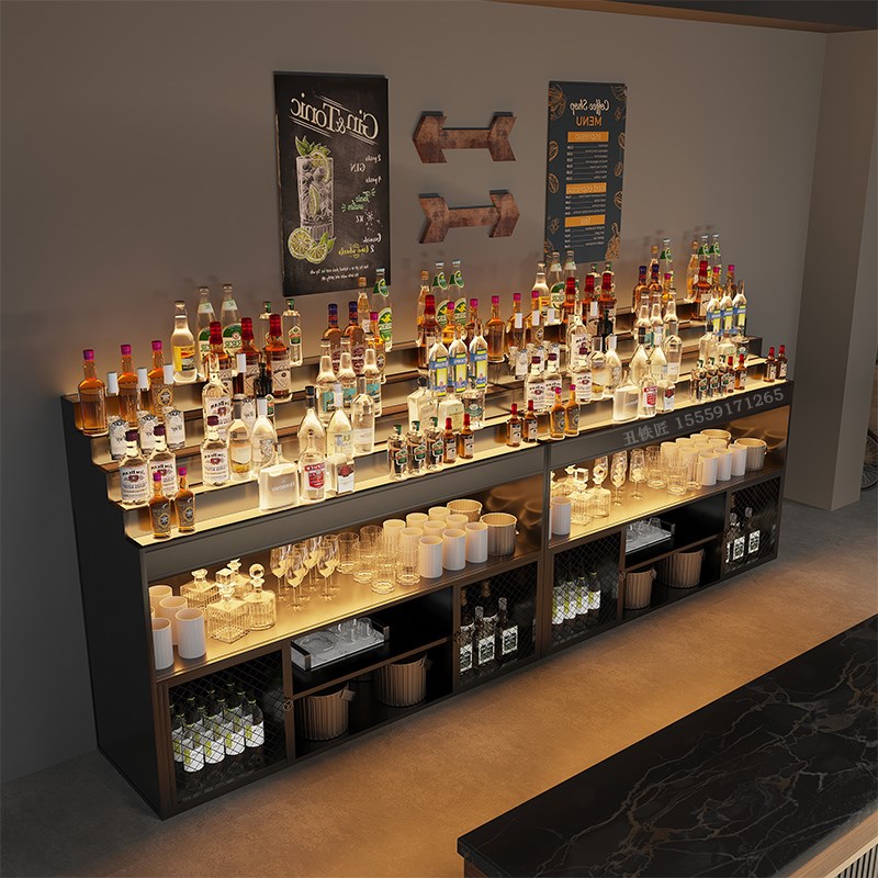 酒水调酒台酒柜展示柜酒吧吧台发光酒架置物架靠S墙商用餐边储物
