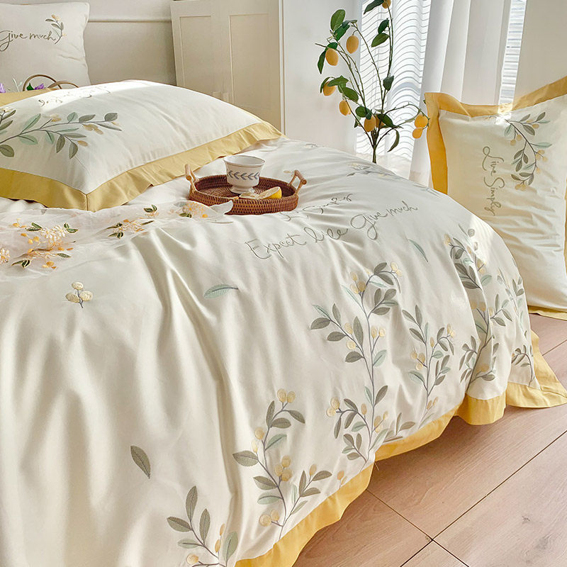 美式田园风100支全棉床单四件套花卉刺绣纯棉被套双人床Y上用品1.