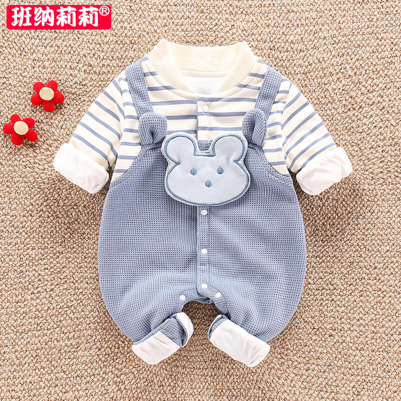 超萌婴儿服秋装新生宝宝假两件连体衣春秋季满月百天外出哈衣爬服