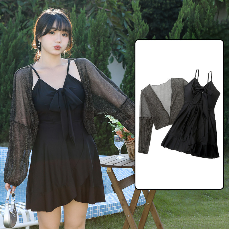 大码泳衣女200斤连体裙式两件套胖mm遮肉显瘦泡温泉保守长袖泳装