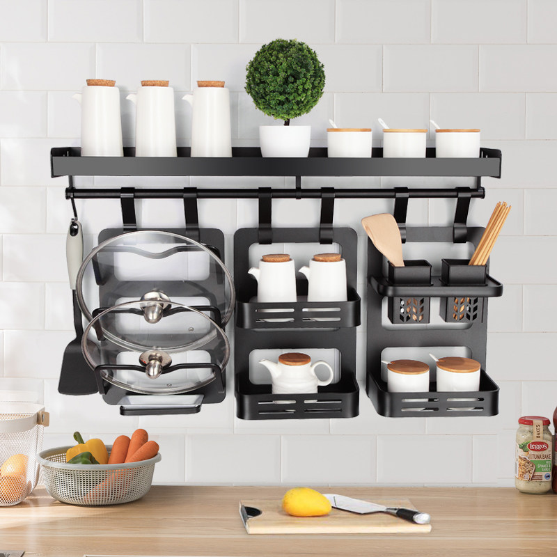 黑色厨房置物架调味架q挂架免打孔厨卫挂件刀架调味料锅盖架壁挂