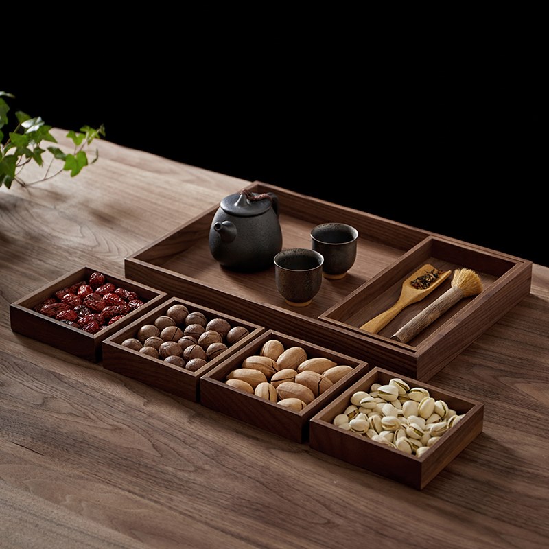 黑胡桃实木托盘日式长方形茶盘木质托盘家用茶水杯水具托盘六件套
