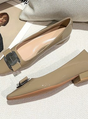 3cm粗跟平底鞋女夏2024年新款气质方头浅口金属扣黑色职业高跟鞋