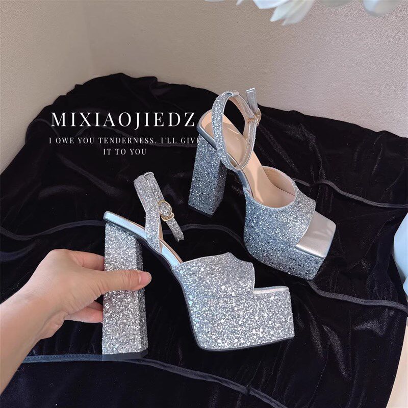 高跟鞋女气质高级不累脚2025新款夏H粗跟防水台亮片简约百搭凉鞋