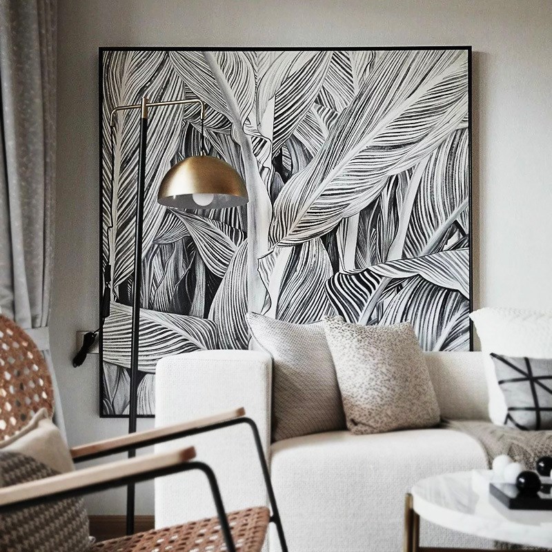 现代简约植物树叶装饰画抽象黑白线条客厅挂画餐厅样板间艺术壁画图片