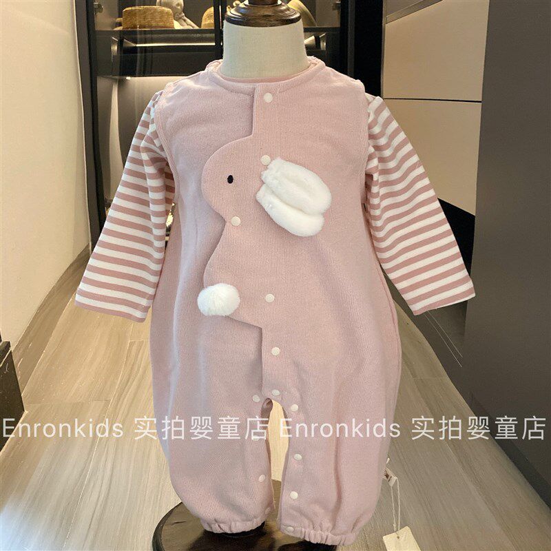 韩系女宝宝春秋季连体衣超萌可爱小兔甜美淑女公主百X天周岁背带