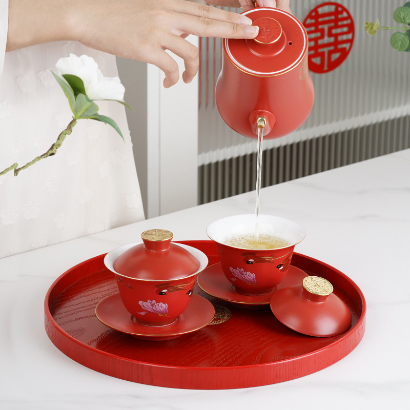比翼连理结婚敬茶杯两对新人改口敬茶杯婚礼茶杯红色盖碗婚庆用品