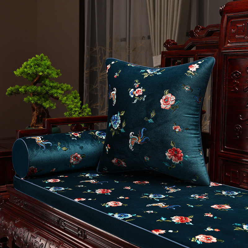 红木沙发垫中式绒布刺绣实木家具坐垫罗汉床加厚T座垫定制套罩垫