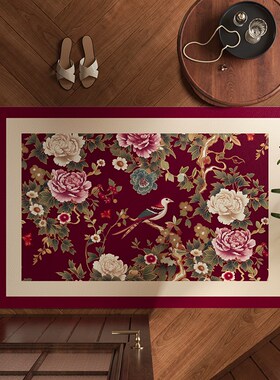 红韵牡丹美式高级感红色喜庆入户地垫玄关门口防滑皮X革垫免洗地
