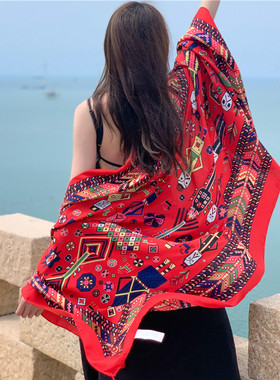 红色民族风披肩围巾两用夏女丝巾超大G长款纱巾沙滩巾茶卡盐湖拍