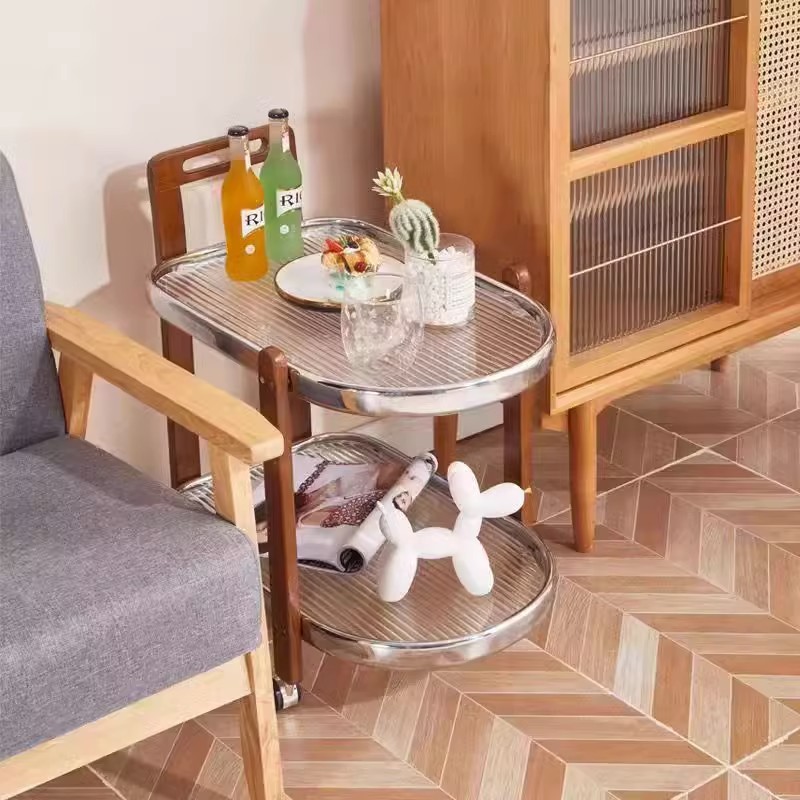 边几移动茶几桌家用实木中古小推车客厅玻璃日式置物架床头小边柜