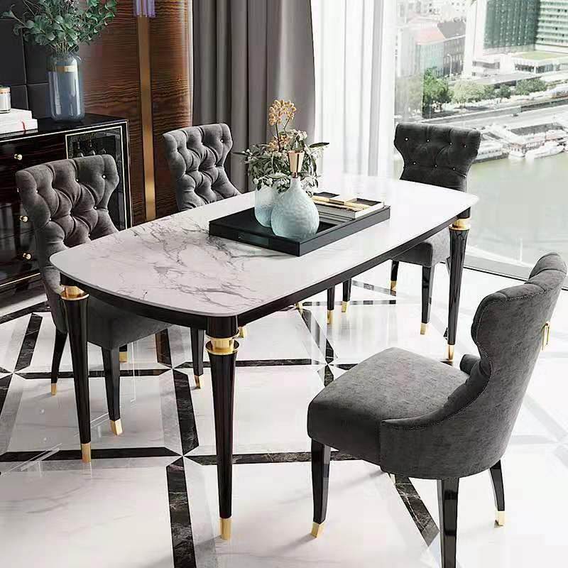 轻奢北欧餐桌椅组合长方形大理石餐桌实木桌腿后现代美式餐台