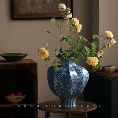 景德镇锤纹陶瓷花瓶新中式客厅玄关插花装饰品复古花器粗陶罐品月