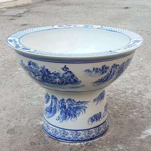 陶瓷鱼缸厂家青花山水釉下彩立柱式陶瓷鱼缸假山造景盆水培缸