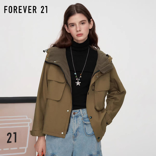 咖色女式 FOREVER 新款 风通勤百搭25秋季 连帽外套大口袋上衣 21工装