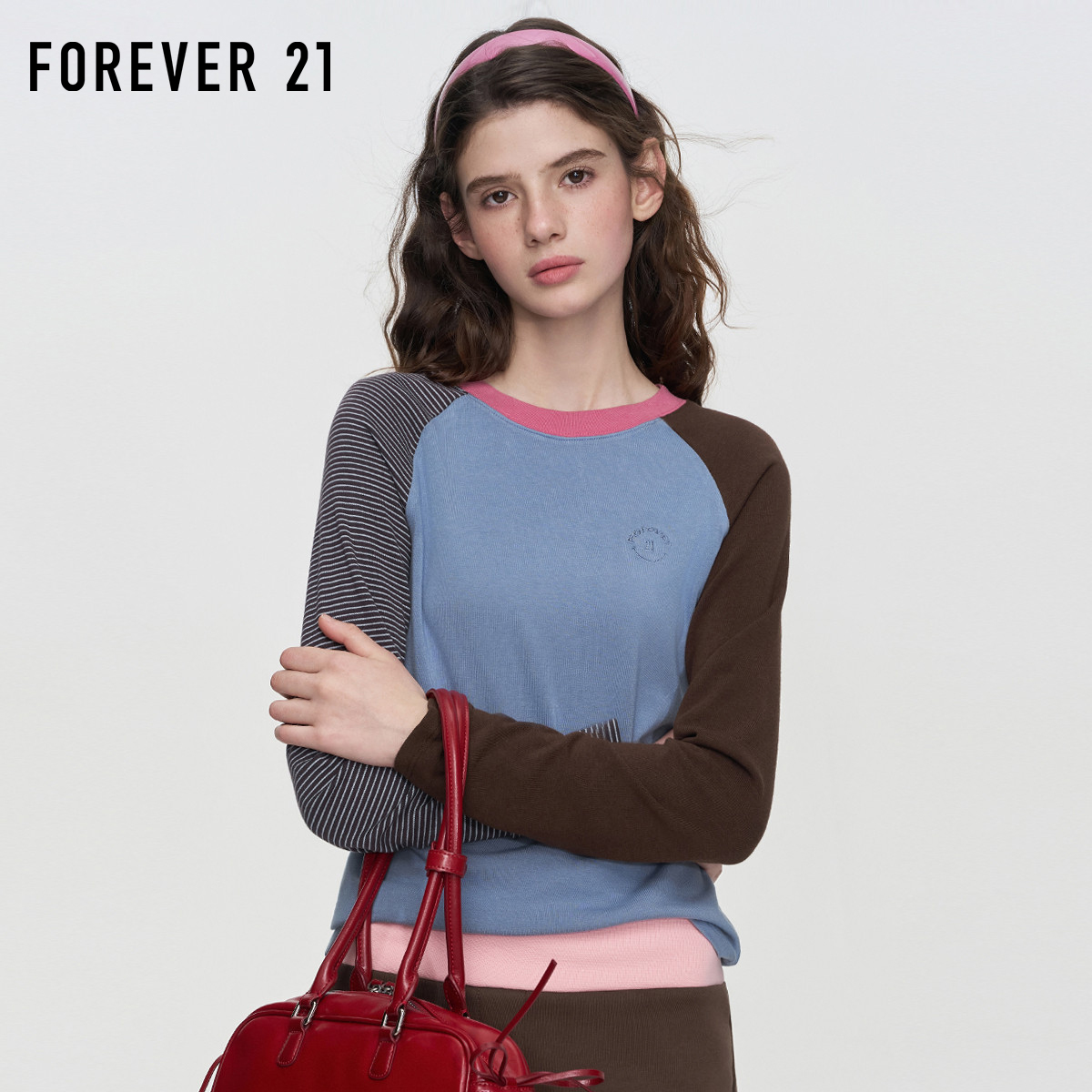 Forever21拼接条纹长袖T恤女