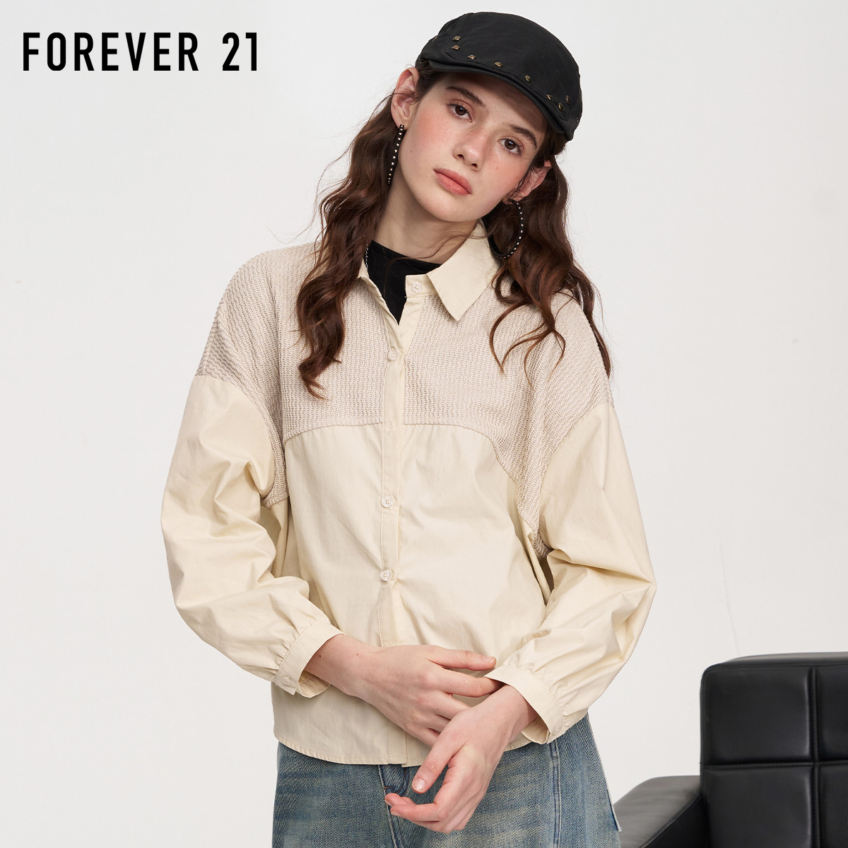 FOREVER21针织拼接灯笼袖衬衫